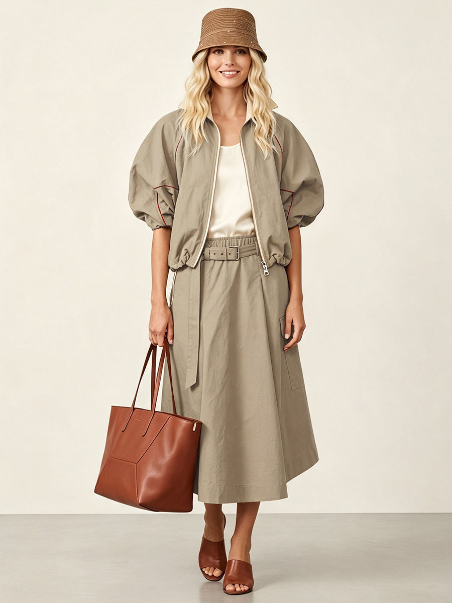 Khaki jack dames met roestkleurige bies en pofmouwen