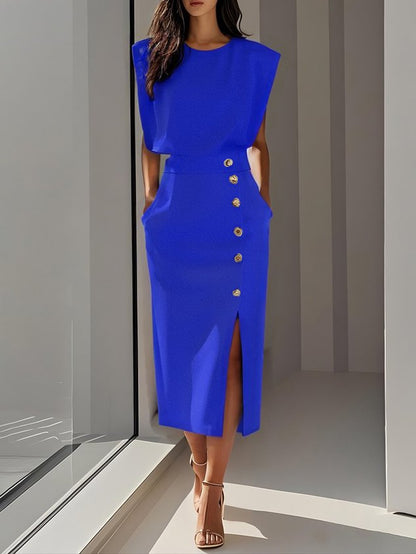Midi jurk dames groen knopen split detail - vrouwelijke chique jurk
