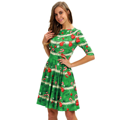 Kerstjurk voor dames met kerstboomprint, halflange mouwen en wijde rok