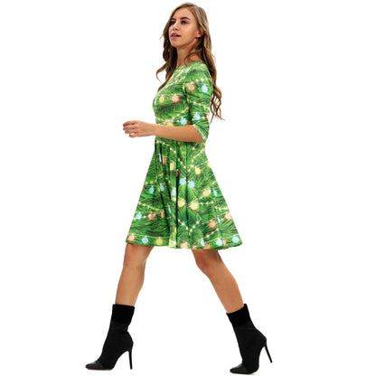 Kerstjurk voor dames met kerstboomprint, halflange mouwen en wijde rok