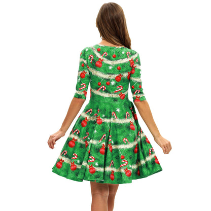 Kerstjurk voor dames met kerstboomprint, halflange mouwen en wijde rok