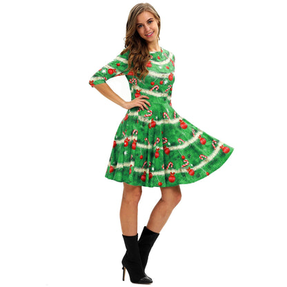 Kerstjurk voor dames met kerstboomprint, halflange mouwen en wijde rok