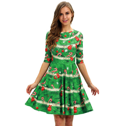 Kerstjurk voor dames met kerstboomprint, halflange mouwen en wijde rok - groen met kerstballen