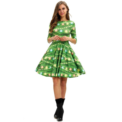 Kerstjurk voor dames met kerstboomprint, halflange mouwen en wijde rok