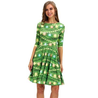 Kerstjurk voor dames met kerstboomprint, halflange mouwen en wijde rok - lichtgroen met lichtjes