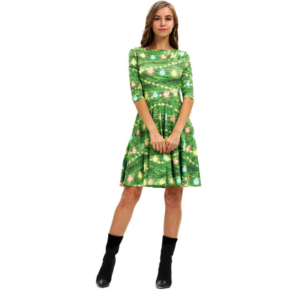 Kerstjurk voor dames met kerstboomprint, halflange mouwen en wijde rok