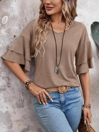 Blouse dames met laagjesmouw in Mokka