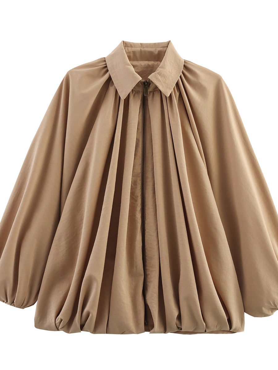 Cape jack dames met plooien, rits en puntkraag - khaki