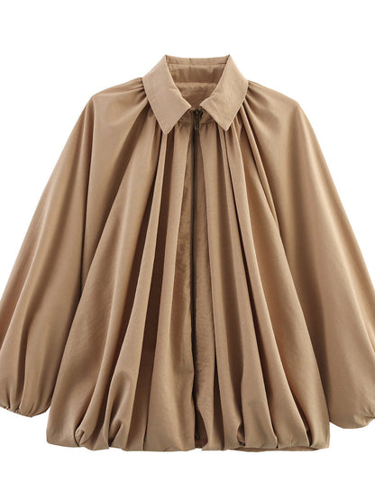 Cape jack dames met plooien, rits en puntkraag - khaki
