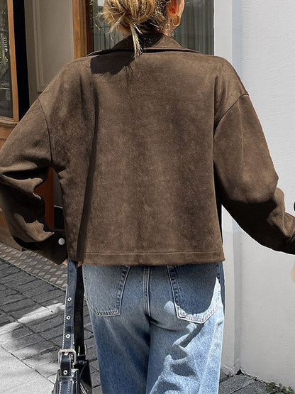 Chocoladebruin damesjack in suède look met overhemdkraag en rits