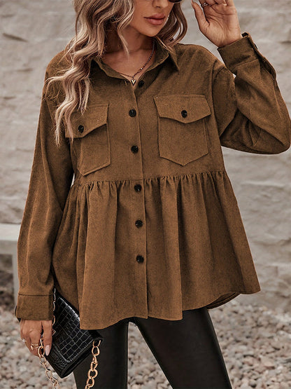 Tabaksbruin corduroy overshirt met peplum en borstzakken