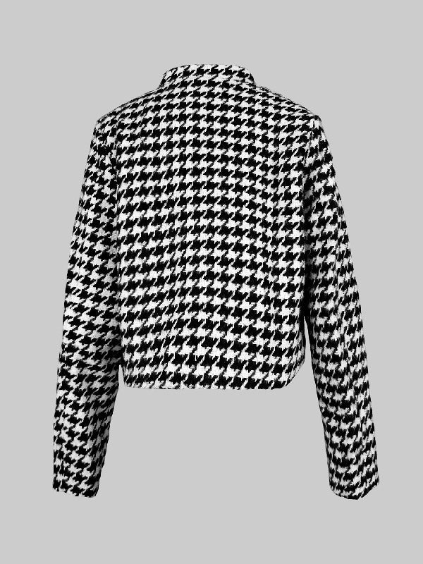 Cropped zwart-wit pied de poule damesjack met opstaande kraag