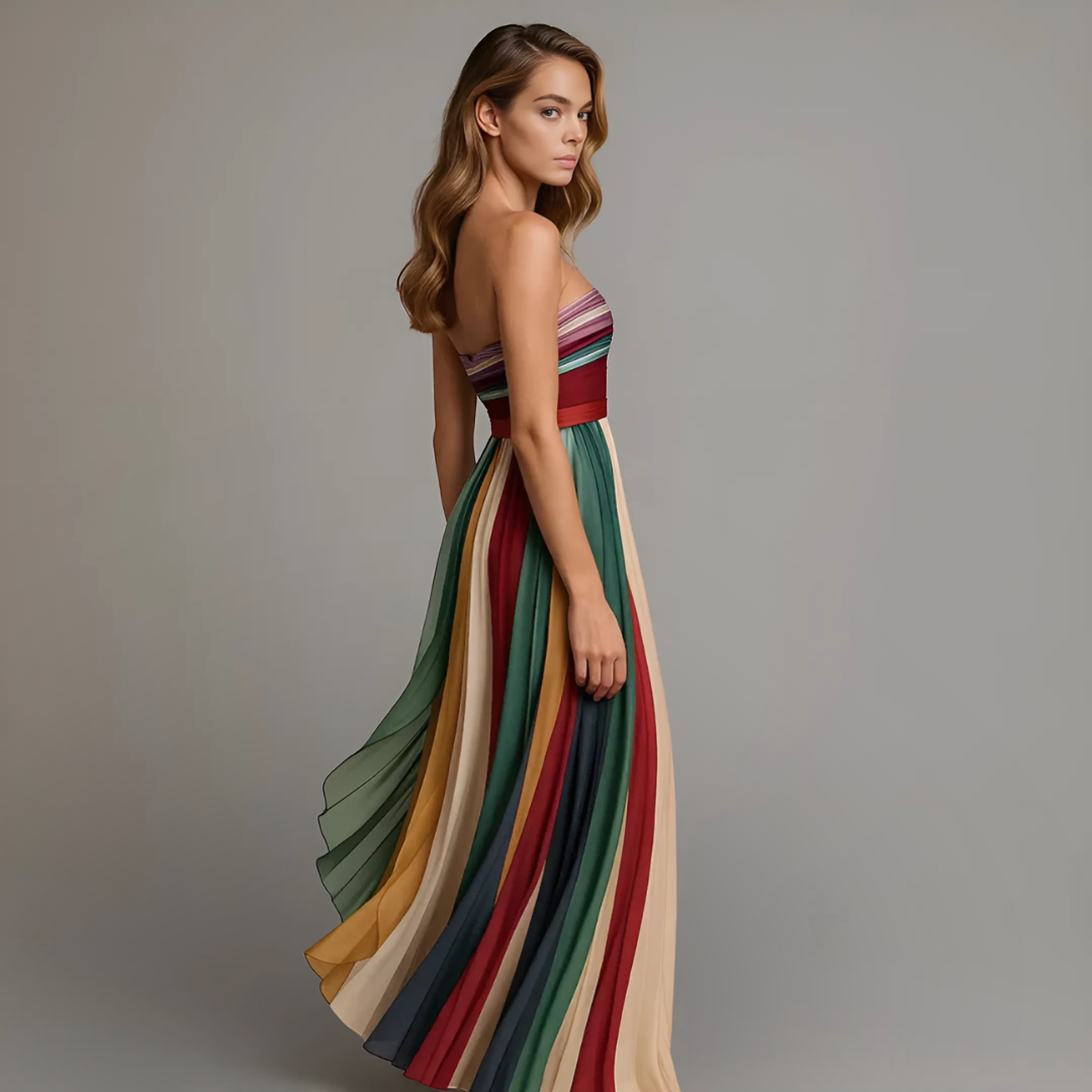 Strapless zomerjurk dames detailopname kleurrijke plooien
