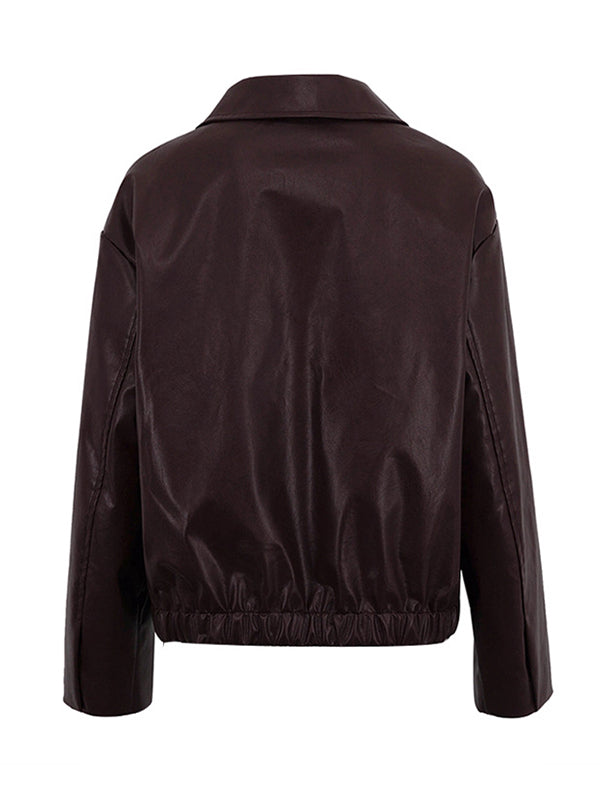 Chocoladebruin imitatieleren damesjack met brede reverskraag en rits