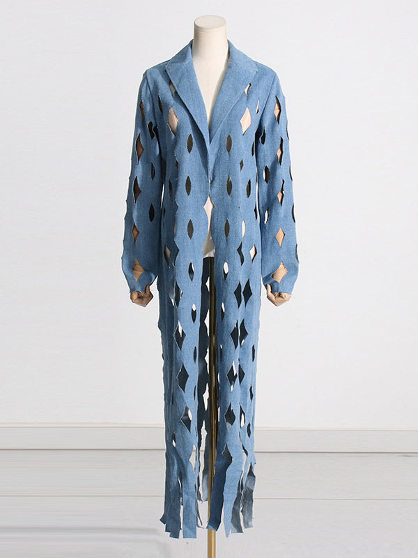 Enkellange denim damesjas met uitgesneden ruiten en franjezoom