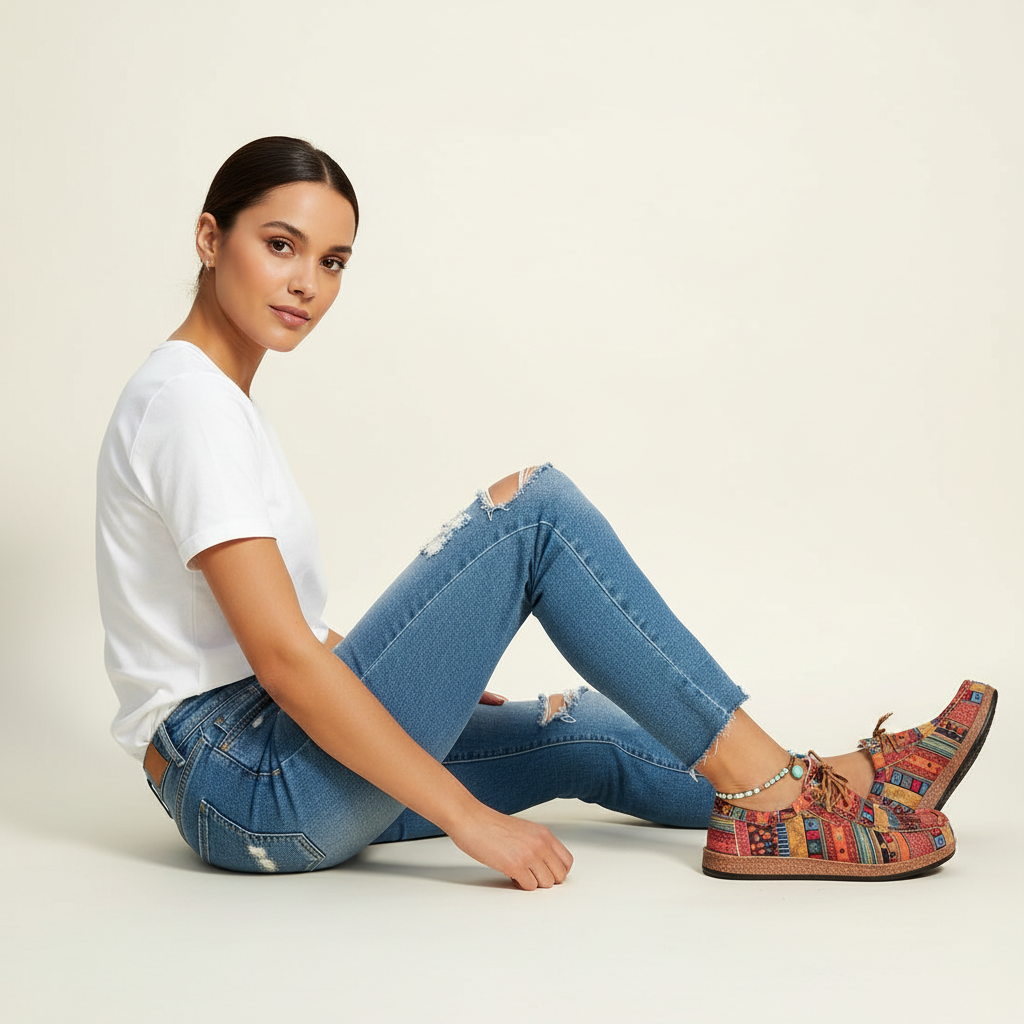 Sneakers dames met patchworkprint - draagbeeld