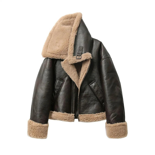 Dames Oversized Sherpa Jas - Vegan Leer in Herfsttinten