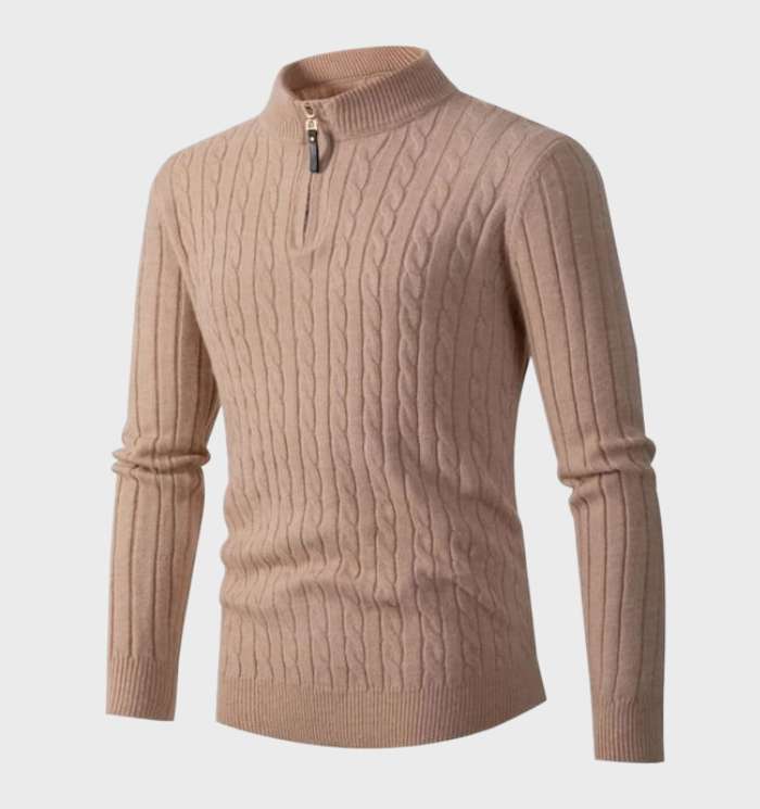 Smalle kabeltrui heren met korte rits in Zand