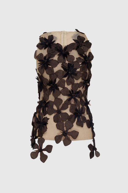 Zwarte mesh top met 3D bloemenapplicaties