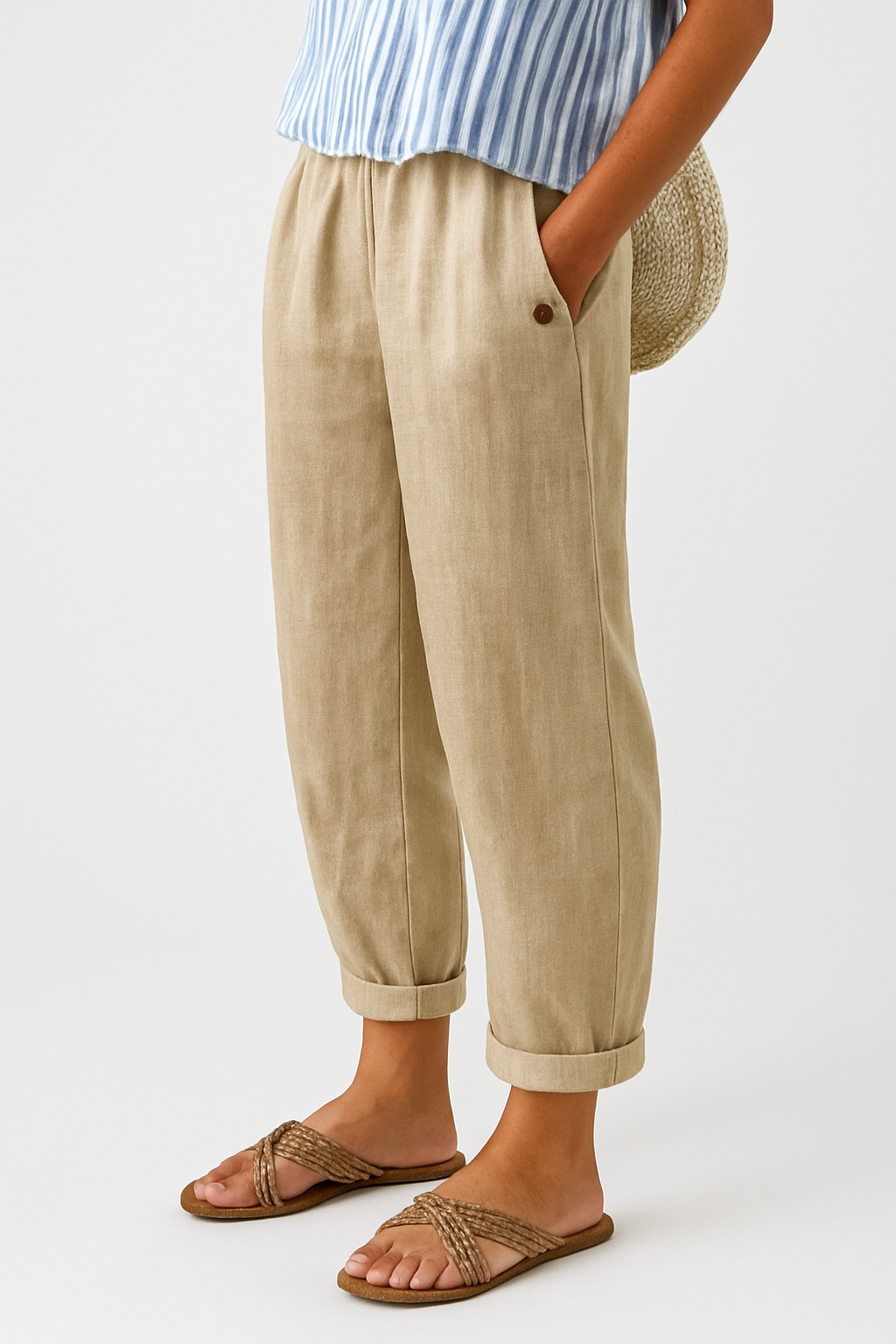 Stijlvolle broek dames beige - rechte pijp zijzakken vooraanzicht