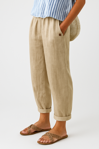 Stijlvolle broek dames beige - rechte pijp zijzakken vooraanzicht