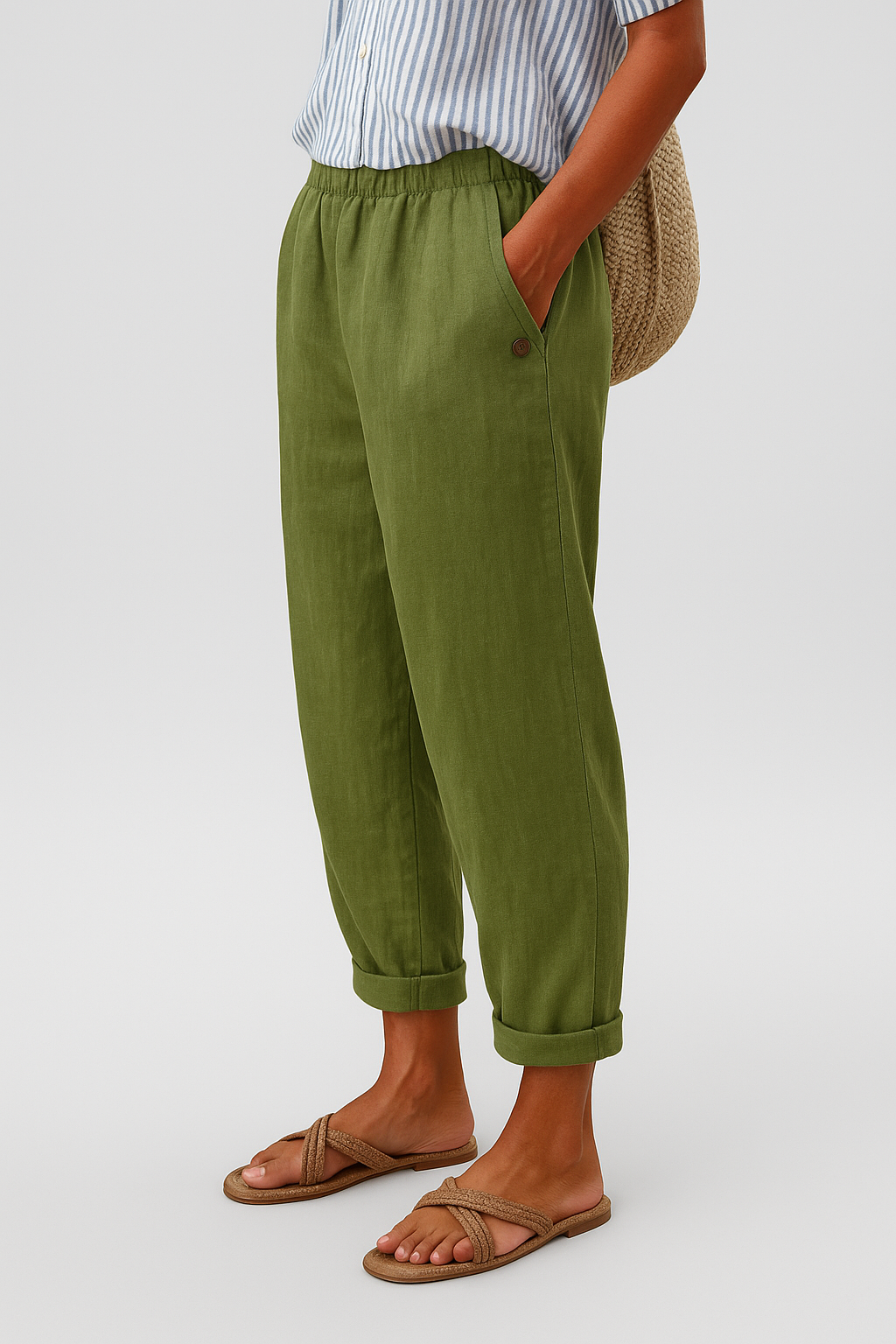 Dames broek groen elastische taille - comfortabele rechte pijp