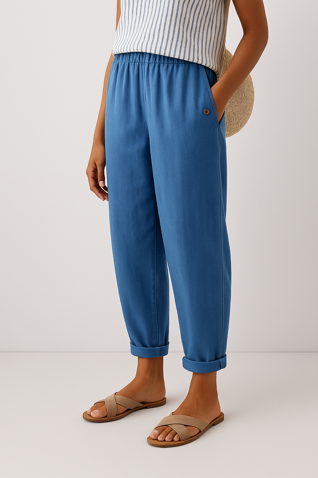 Broek dames blauw zijzakken - elegante rechte snit