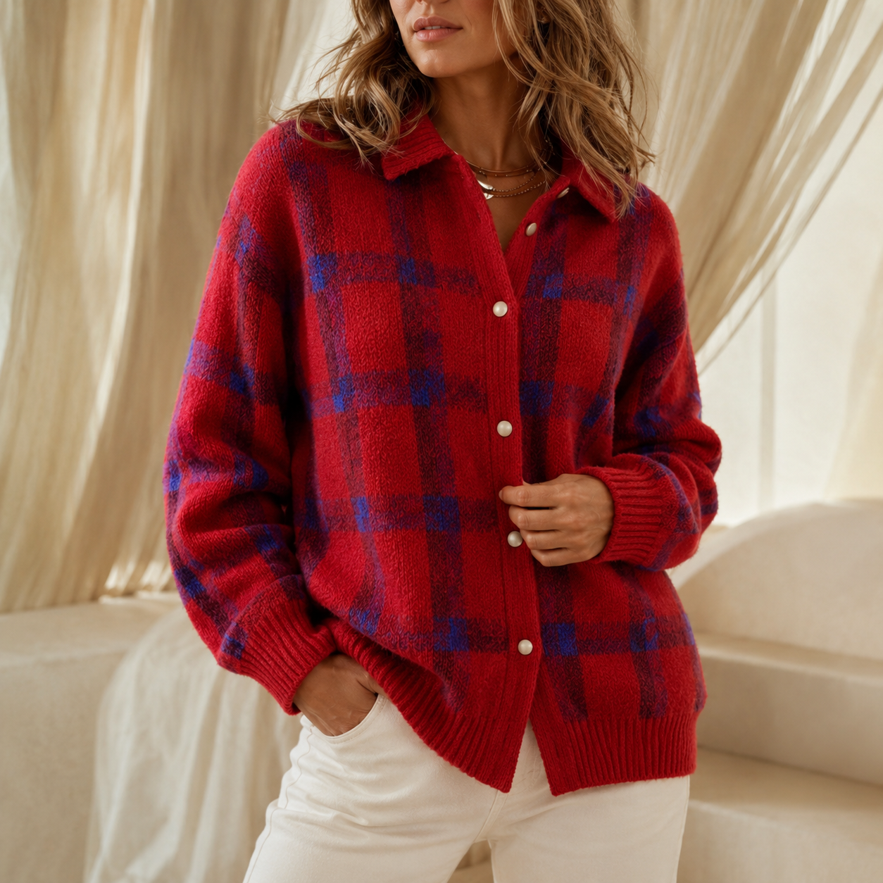 Oversized vest dames met kraag in Rood