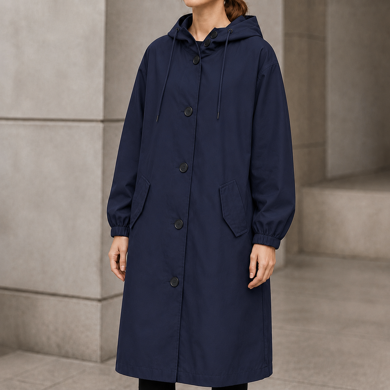 Lange jas dames met capuchon in Marineblauw
