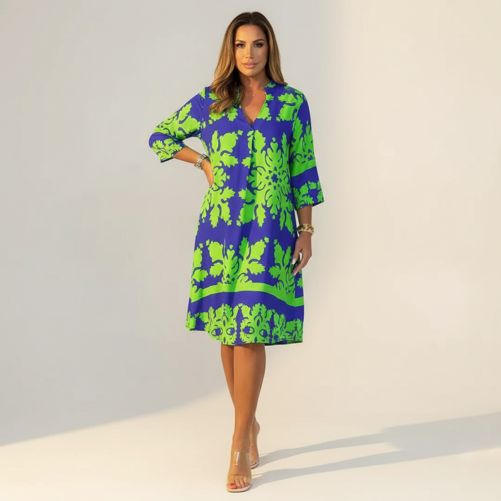 Tuniekjurk dames met damastprint in blauw/groen