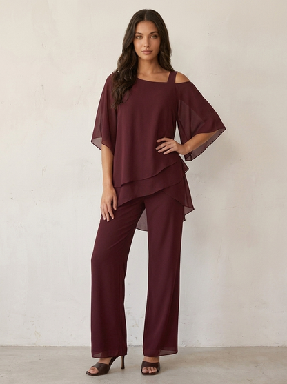Chiffon tweedelige set dames in bordeaux