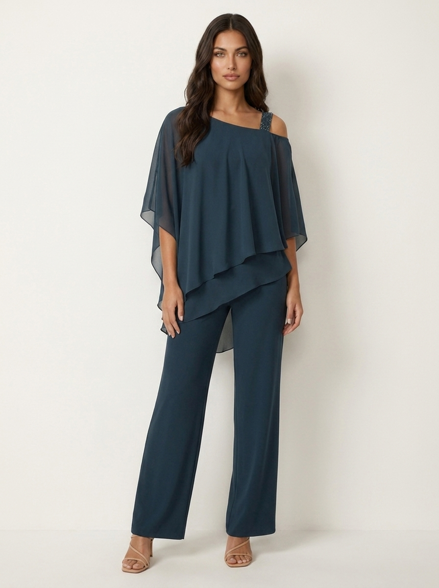 Chiffon tweedelige set dames in petrolblauw