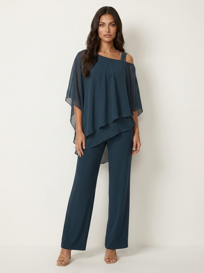 Chiffon tweedelige set dames in petrolblauw