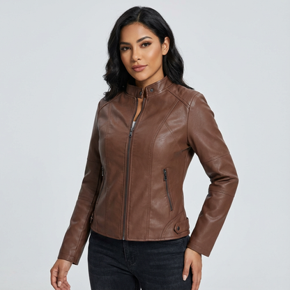 Getailleerd bikerjack dames met leerlook en opstaande kraag