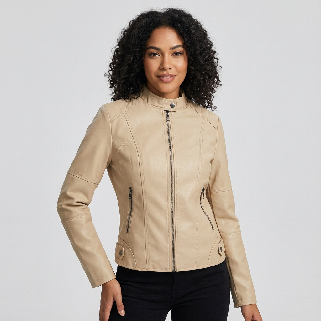 Getailleerd bikerjack dames met leerlook en opstaande kraag