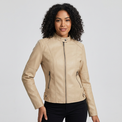 Getailleerd bikerjack dames met leerlook en opstaande kraag