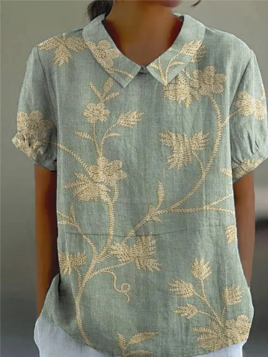 Gebloemde blouse dames groen-geel - luchtige zomerblouse bloemenprint voorzijde