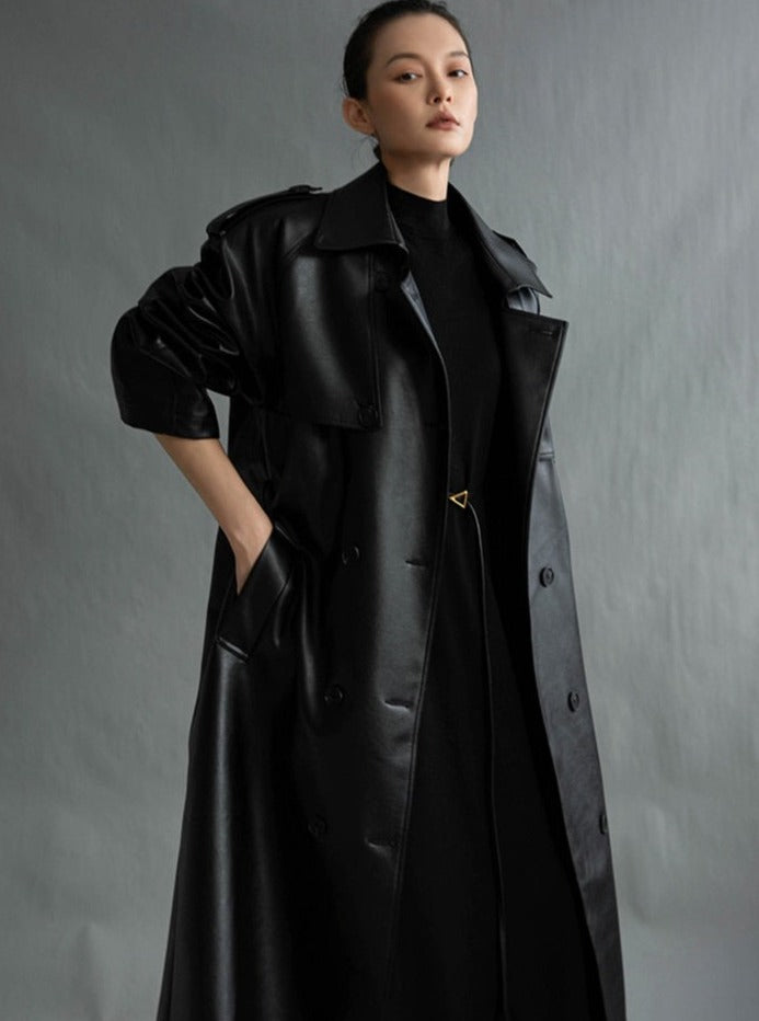 Franca - Dames Trenchcoat - Zwart - Kunstleder