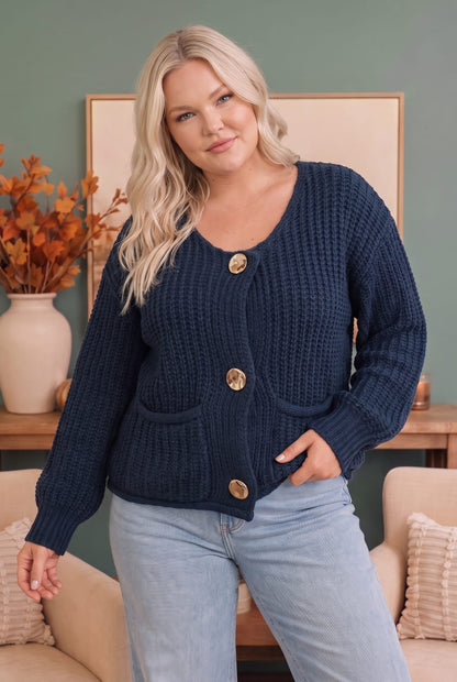 Grofgebreid vest dames in marineblauw - detailfoto