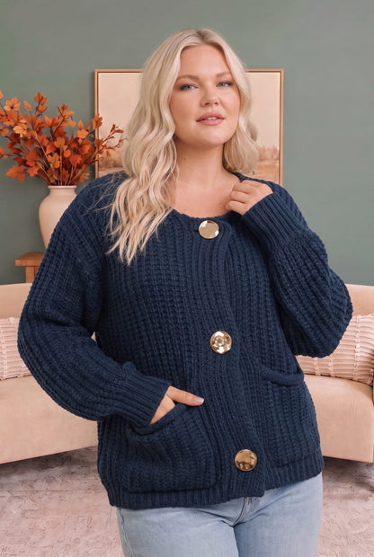 Grofgebreid vest dames in marineblauw - detailfoto