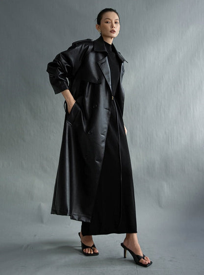 Franca - Dames Trenchcoat - Zwart - Kunstleder