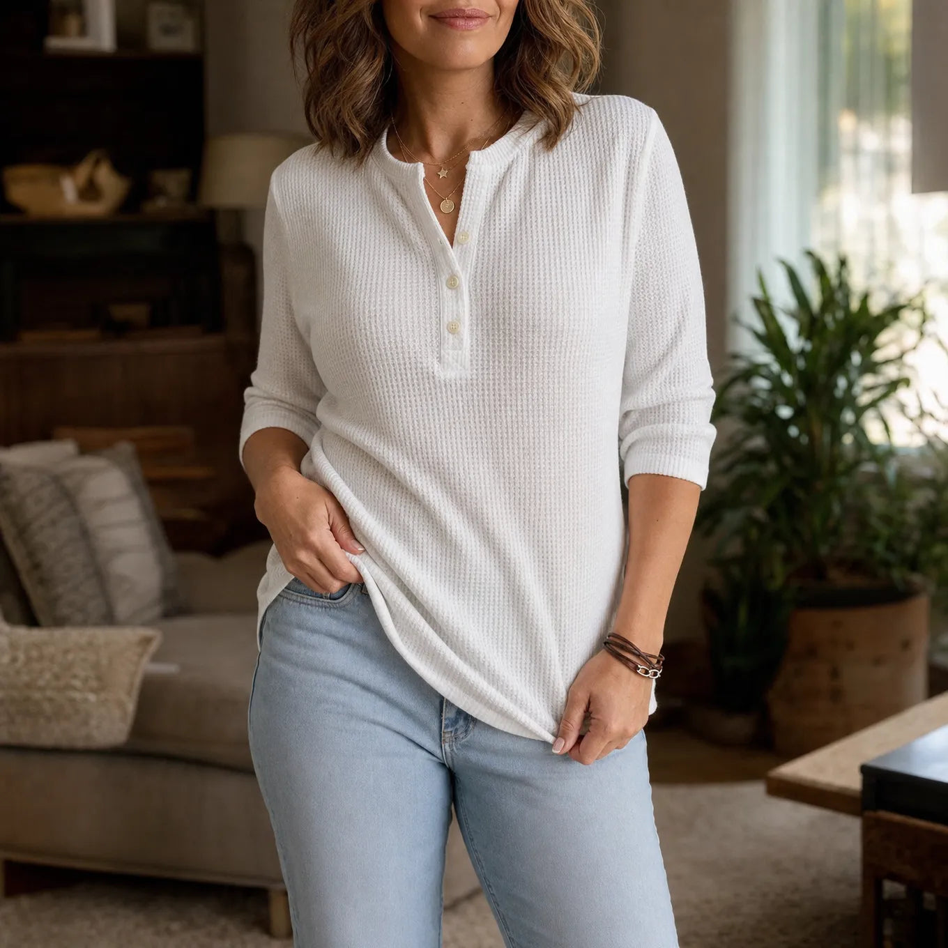 Henley top dames met wafelstructuur - detailfoto