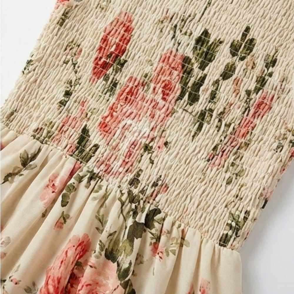Gesmokte midi-jurk dames met bloemenprint - detailfoto