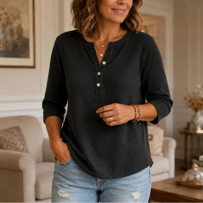 Henley top dames met wafelstructuur in Zwart