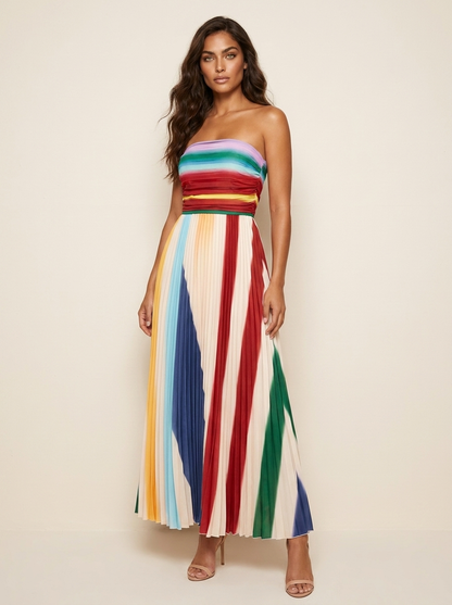 Strapless plissé maxi jurk dames in kleurbanen