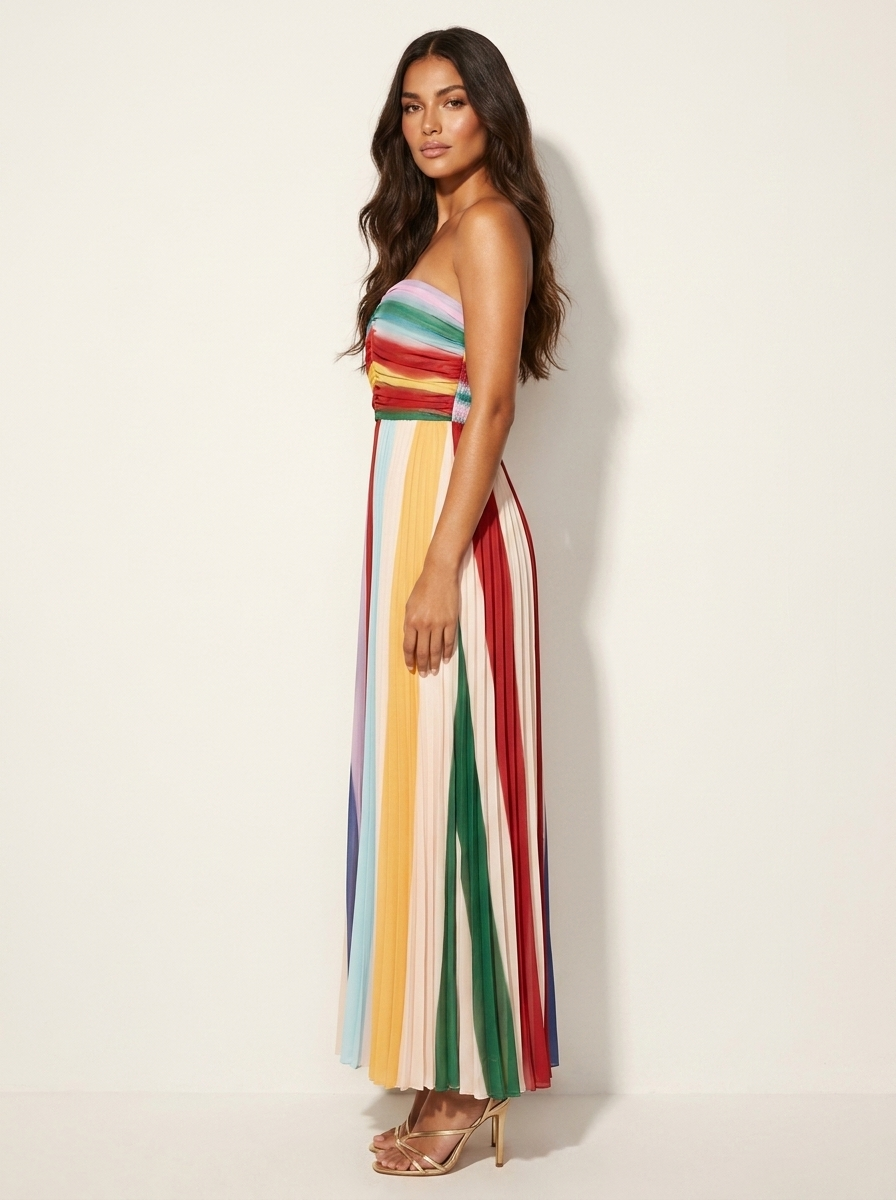 Strapless plissé maxi jurk dames in kleurbanen