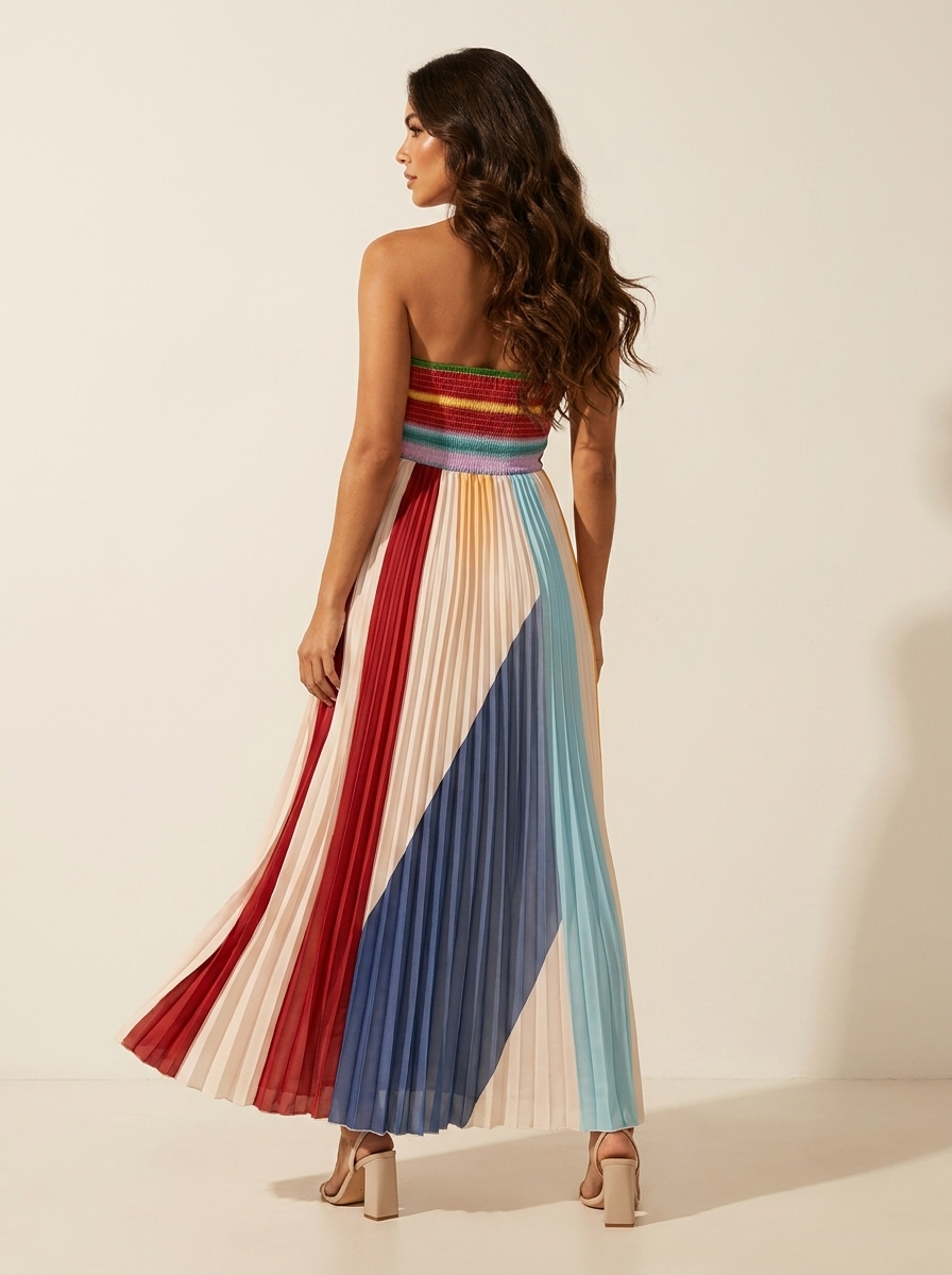 Strapless plissé maxi jurk dames in kleurbanen