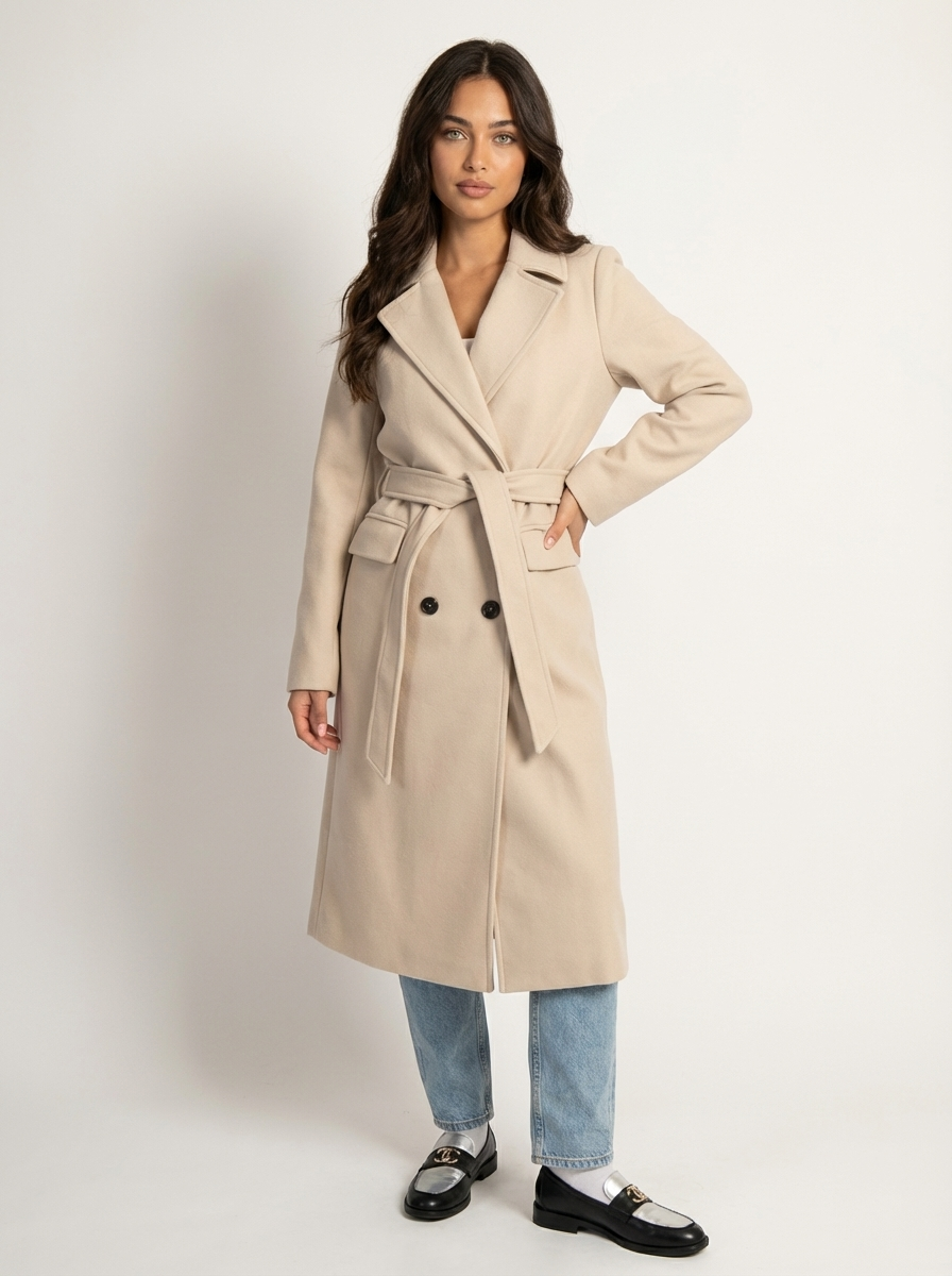 Lange jas dames double breasted in beige
