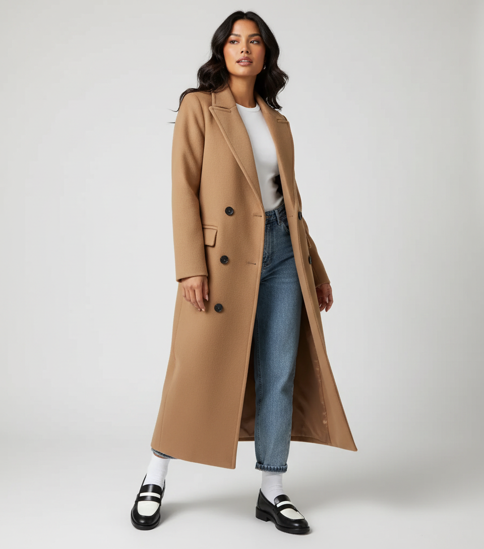 Lange jas dames double breasted in camel