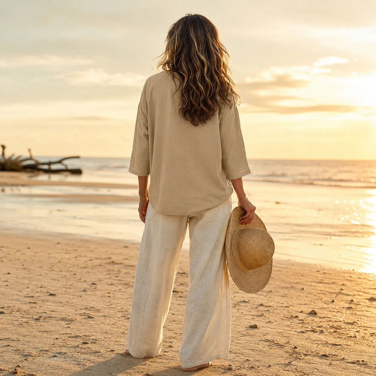 Linnen blouse dames met V-hals - detailfoto